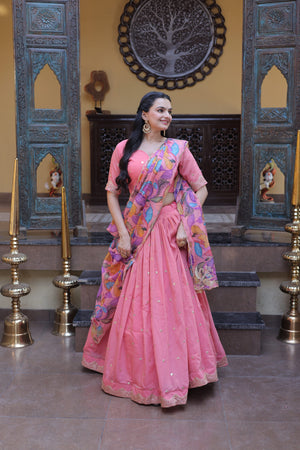 Printed tabby silk dupatta with thread embroidery and lace border
