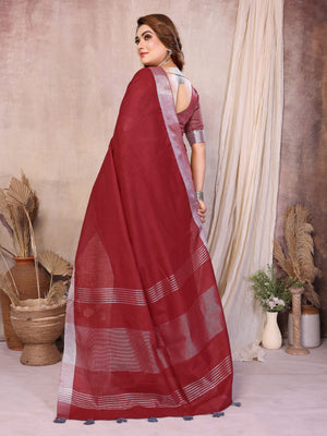 Linen Cotton Saree with Silver Zari Border