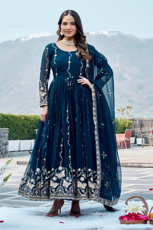 blue party wear embroidered gown for women