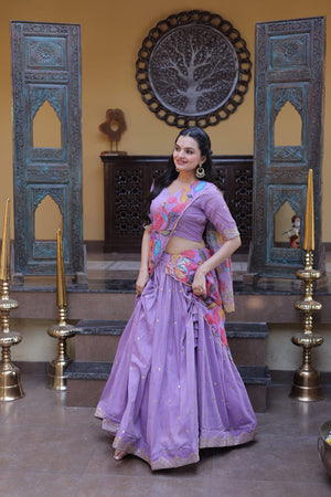 Zari sequins embroidered work on cosmos silk lehenga