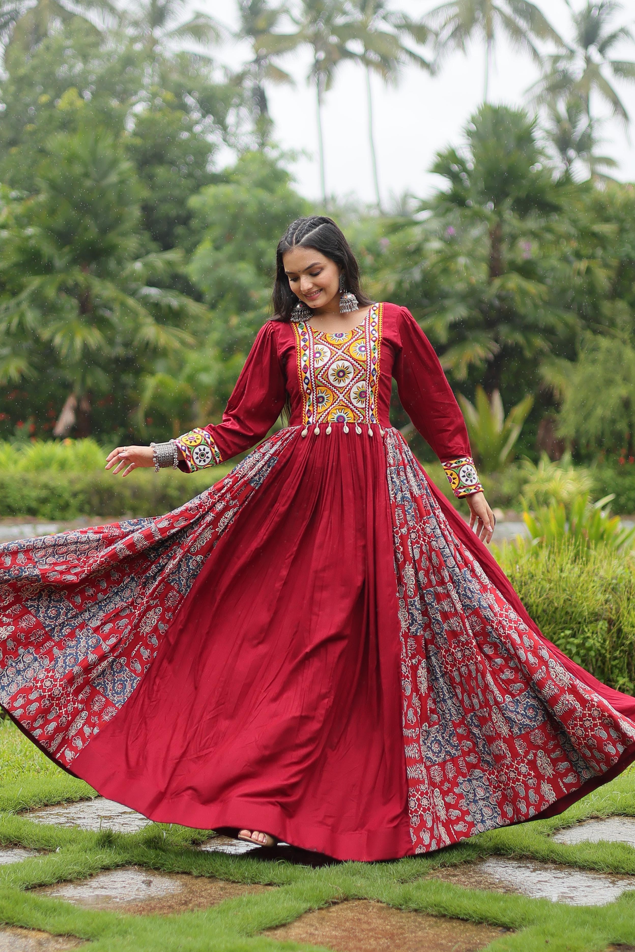Full view of maroon printed ethnic gown for women