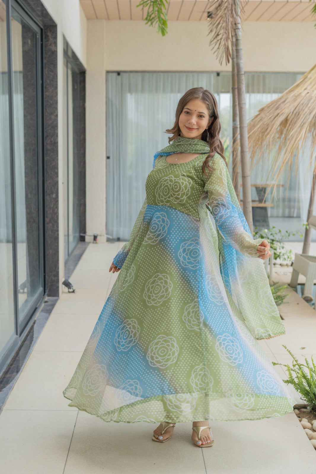 Designer Kali Cut Organza Gown with Dupatta – Side Pose