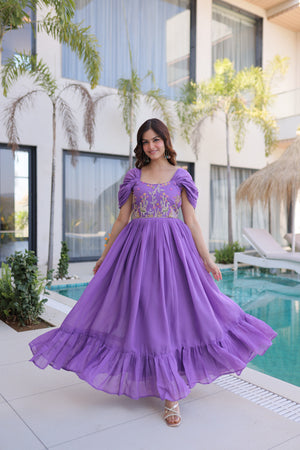 Ethnic embroidered long gown with full flair for festive and wedding occasions