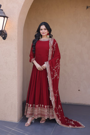Wedding wear maroon ethnic gown with dupatta