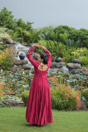 Back neck design of maroon rayon ethnic gown