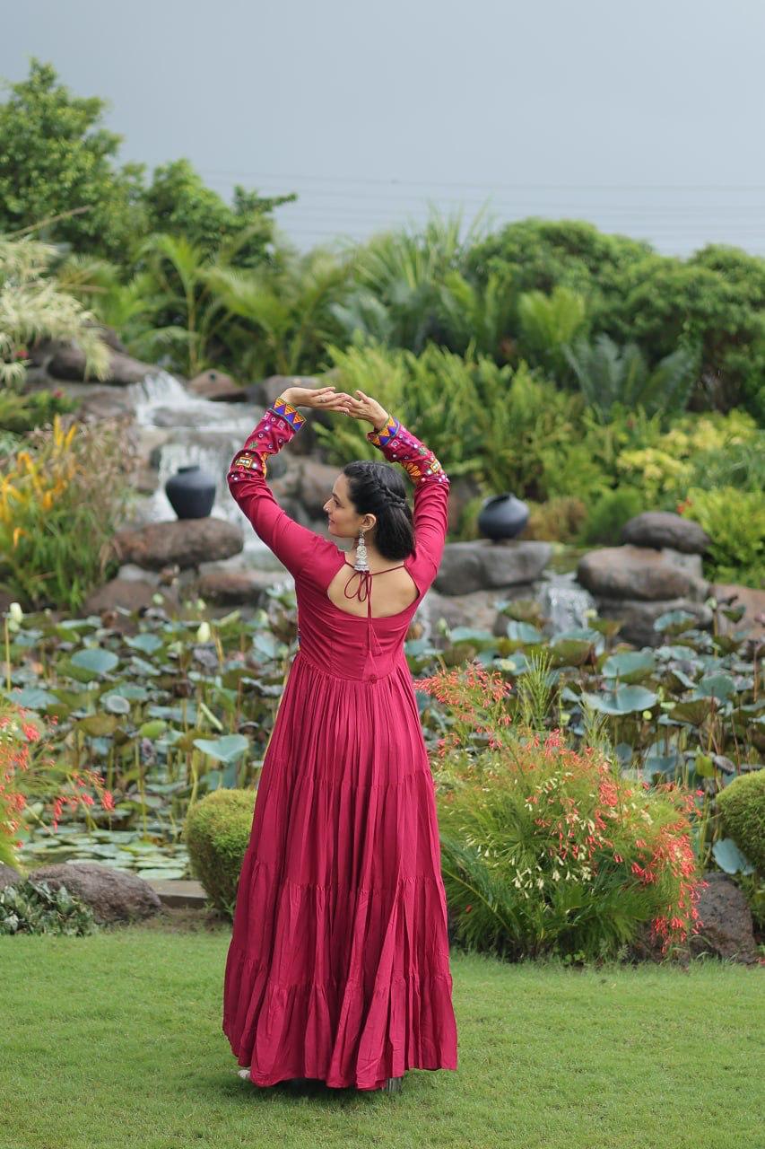 Back neck design of maroon rayon ethnic gown