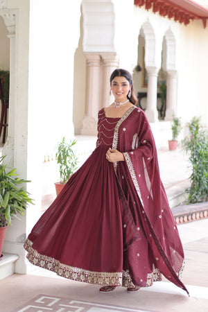 maroon Vichitra Silk embroidered gown with sequins, perfect for parties