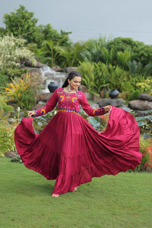 Maroon Kutchi Gamthi embroidered gown full view