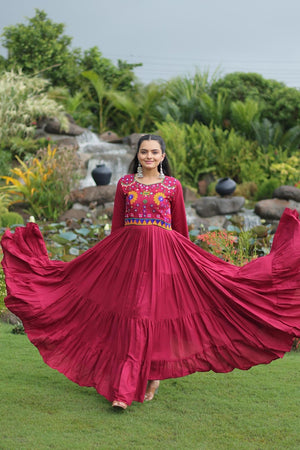 Maroon ethnic gown with full sleeves and cotton lining