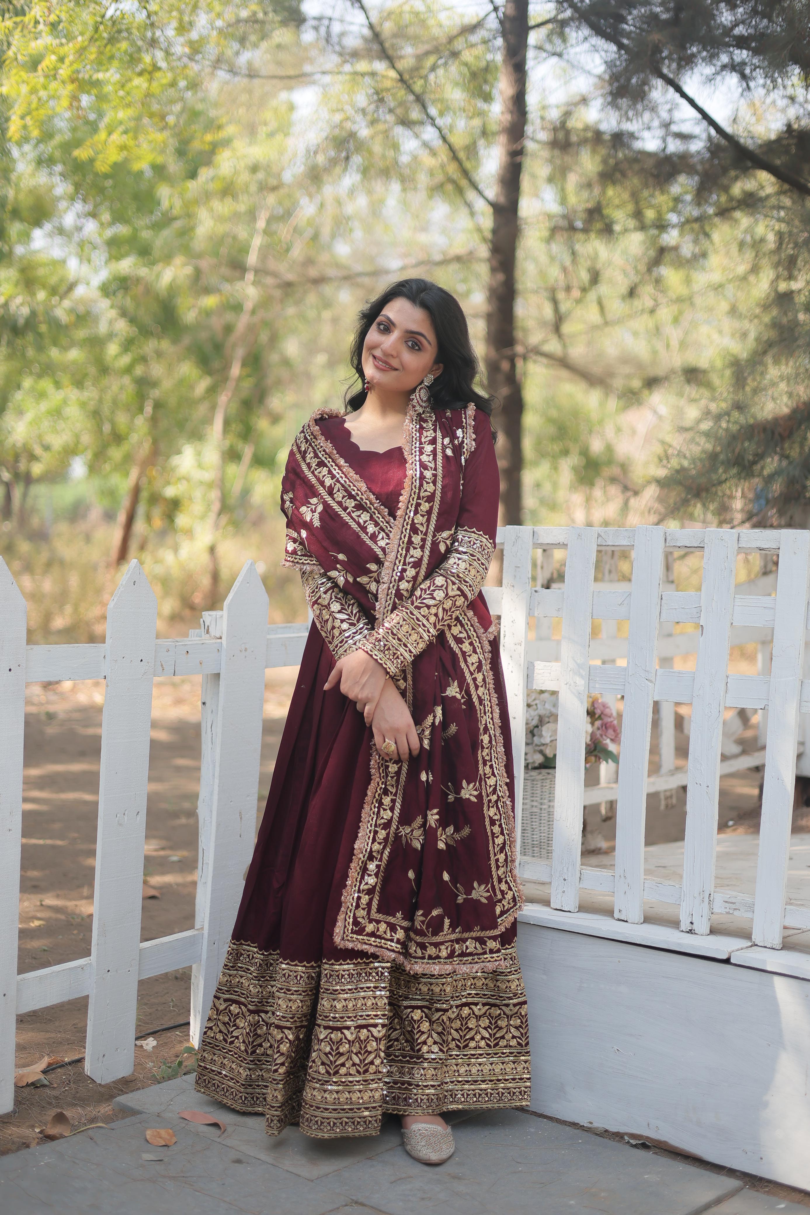 dark maroon gown with dupatta