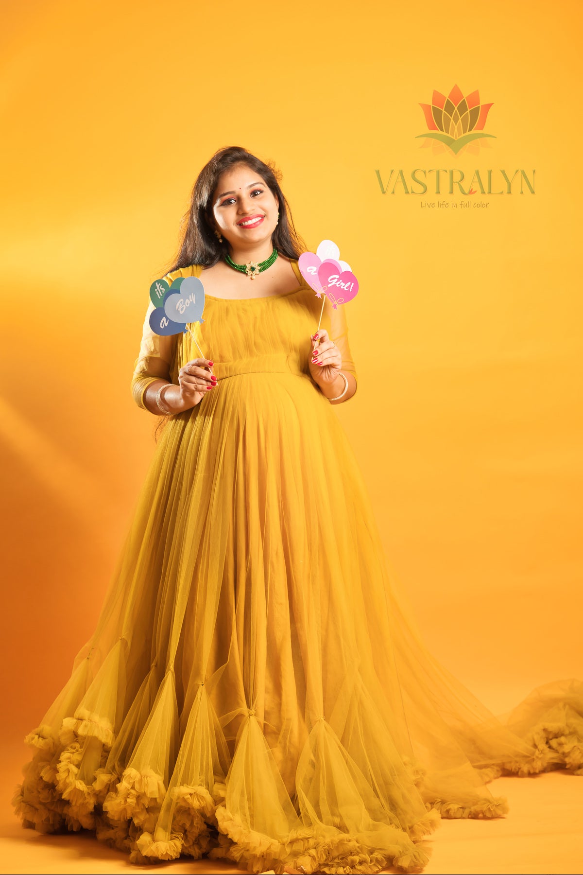 Elegant Orange Net Maternity Gown for Photoshoots | Flowy Baby Shower Dress