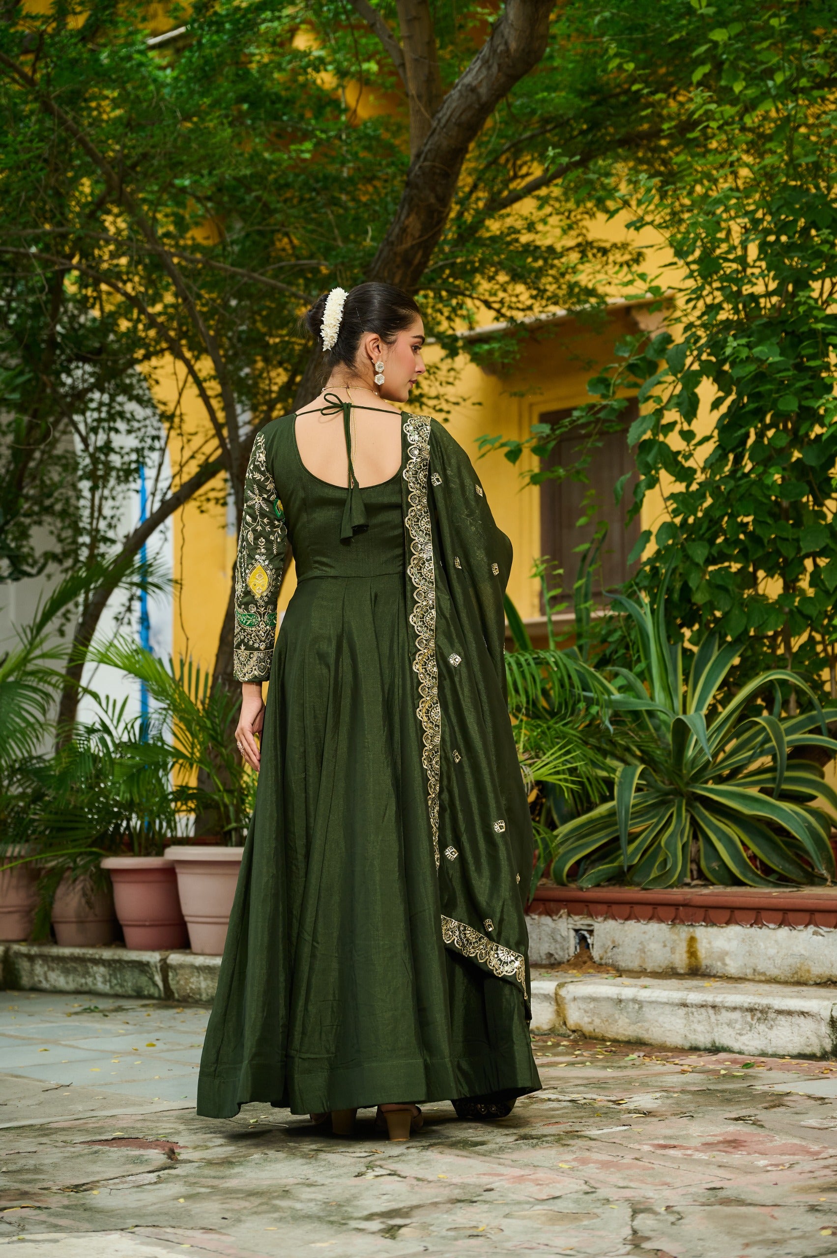 Mehendi traditional gown with embroidered dupatta and V-neck design