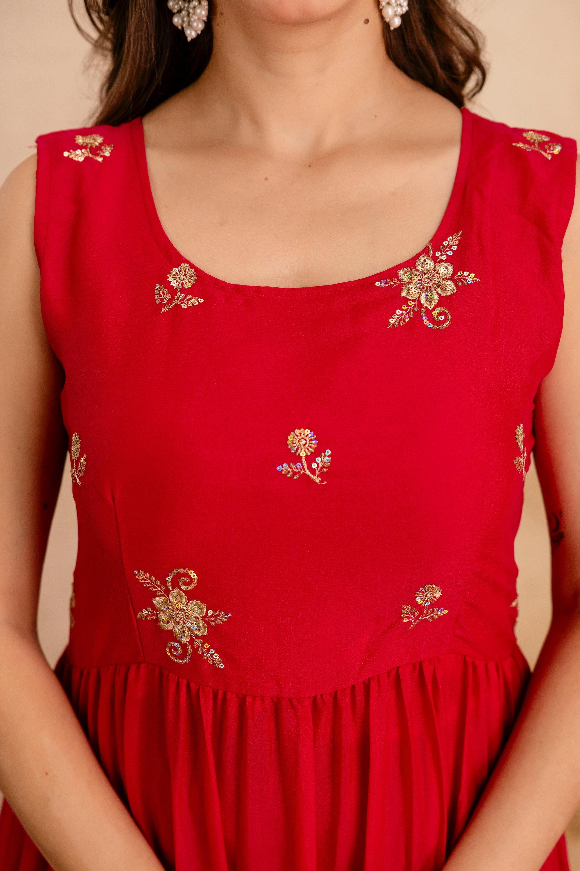 Close-up of star georgette embroidered Anarkali gown fabric