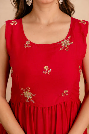 Close-up of star georgette embroidered Anarkali gown fabric