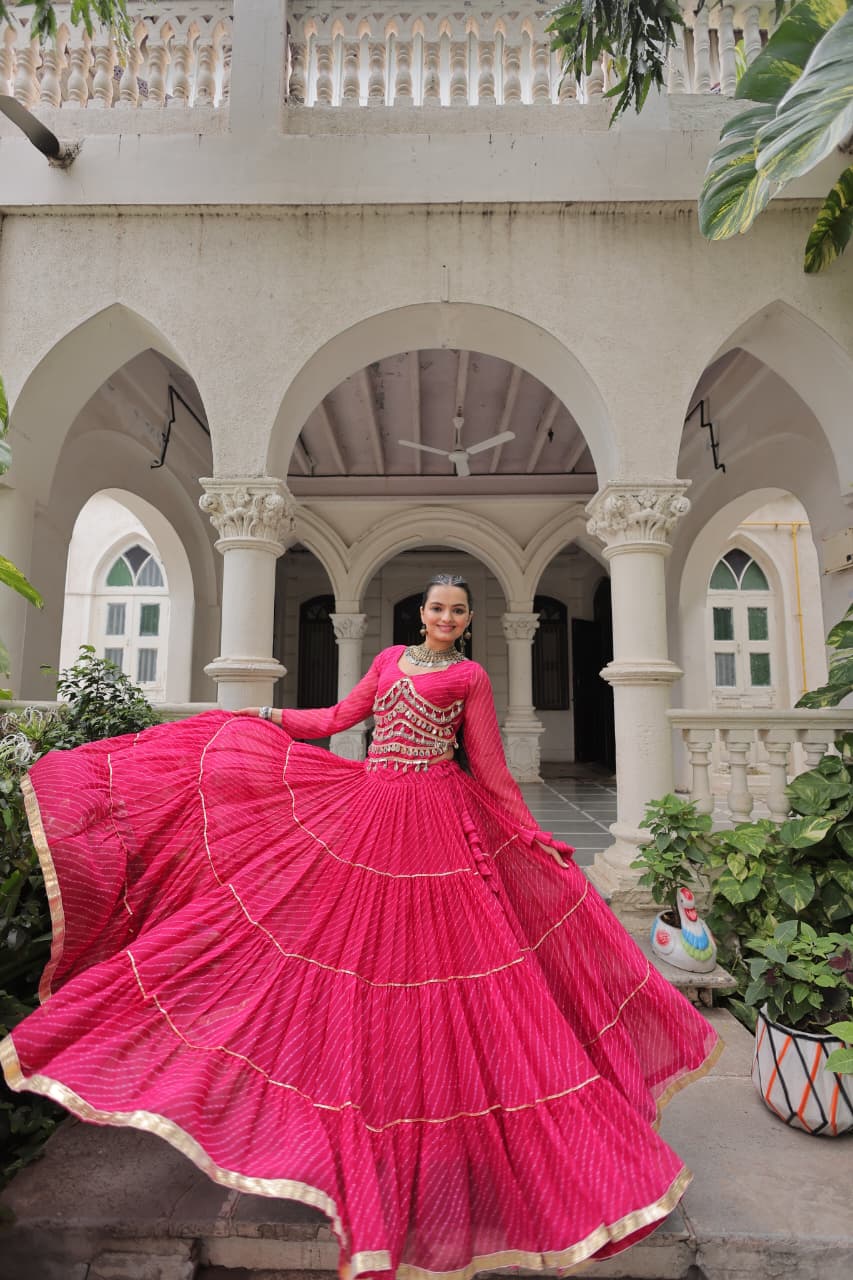 Festive Pink Leheriya Print Lehenga Choli