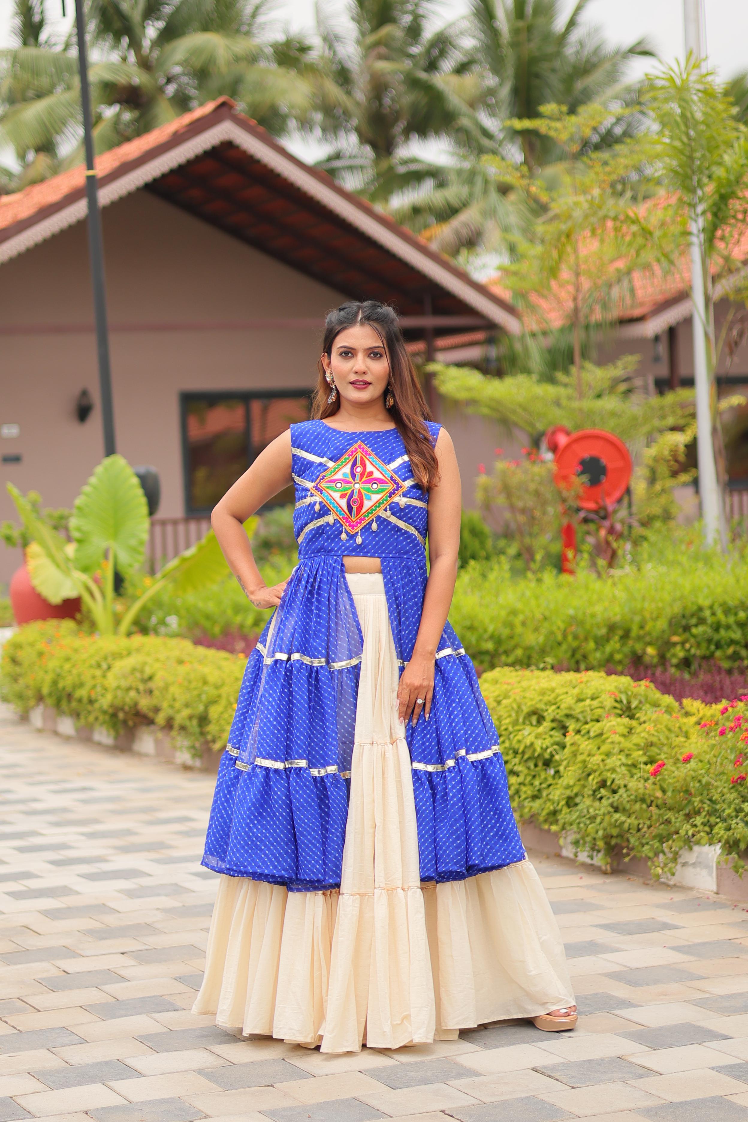 Blue Pure Cotton Mirror Work Gamthi Lehenga for Navratri