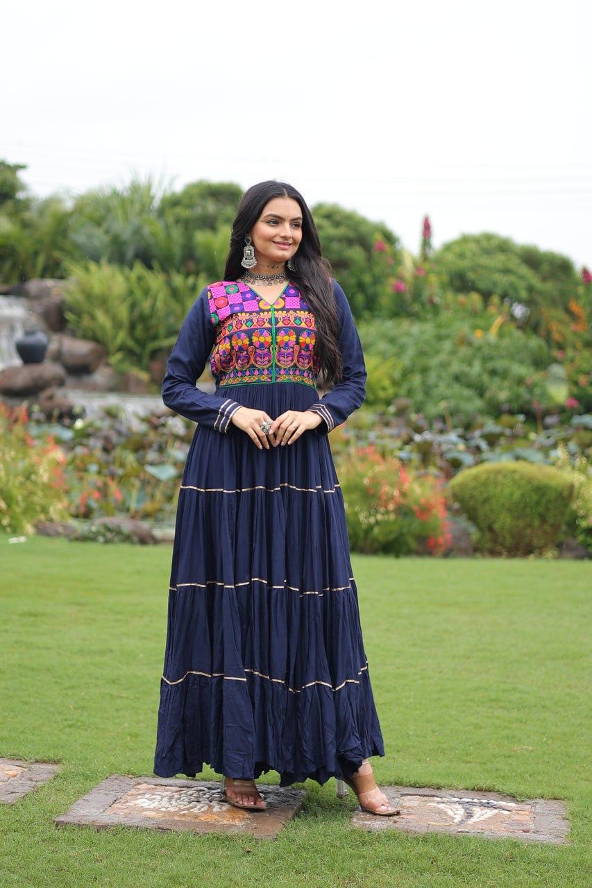 Navy blue Gamthi embroidery gown with mirror work