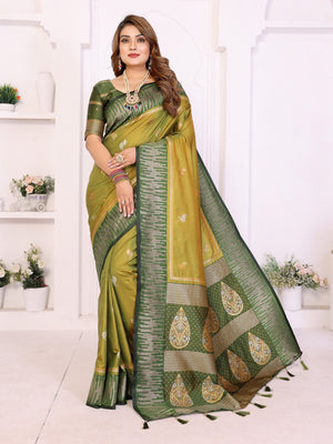 Designer olive green silk saree with zari border