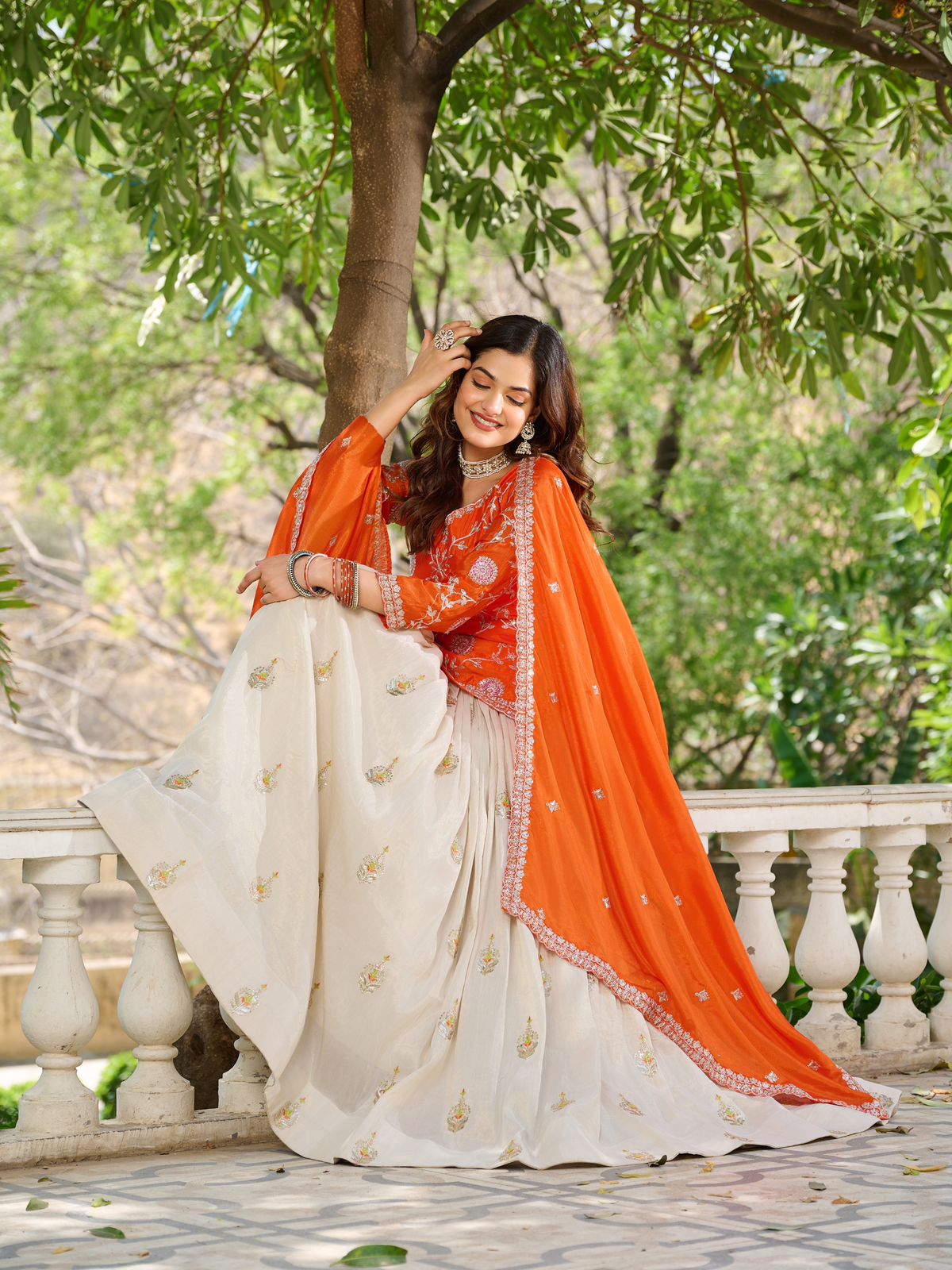 Orange festive lehenga set with chinon dupatta