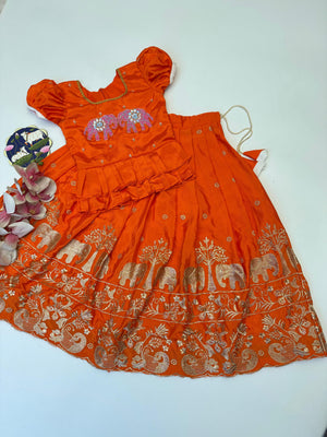 Orange elephant embroidered kids lehenga with zari work