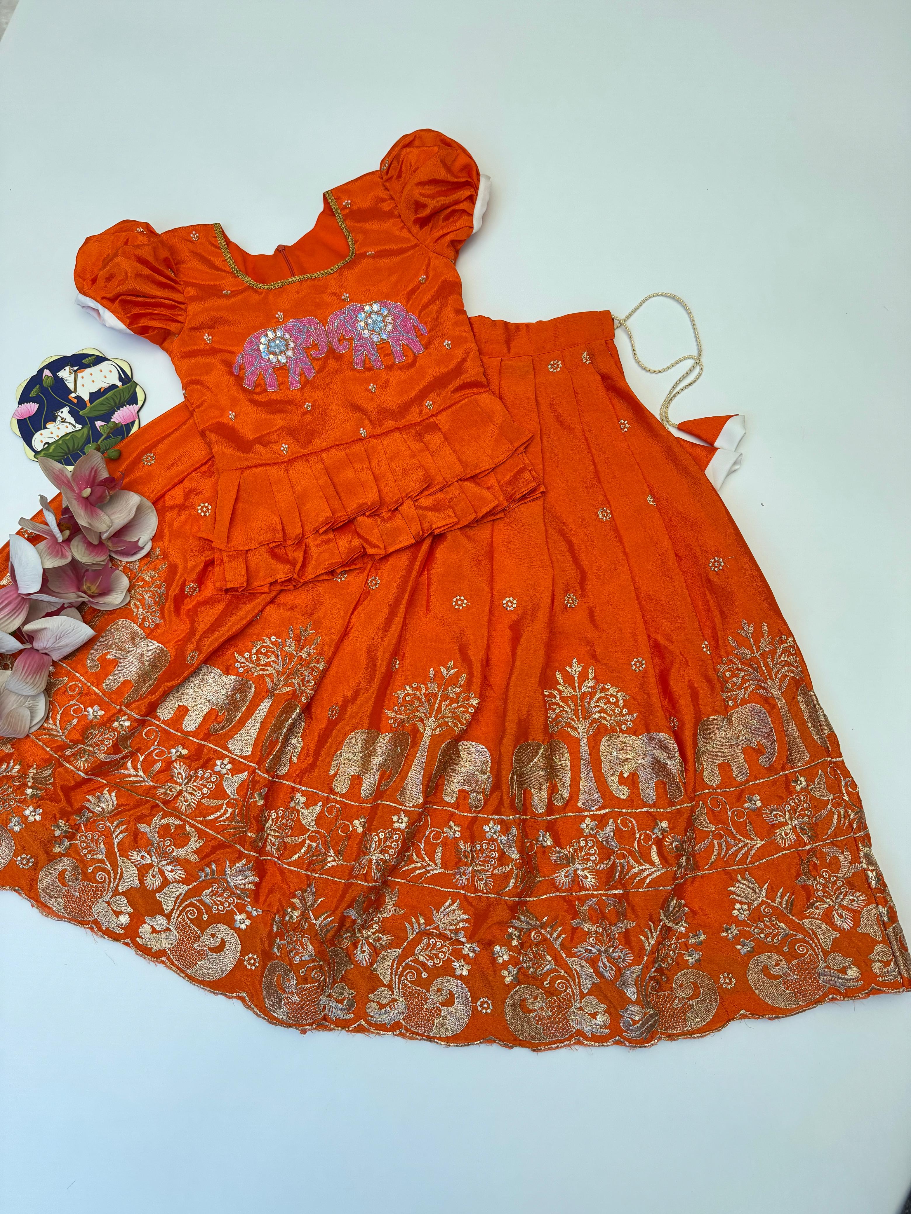 Orange elephant embroidered kids lehenga with zari work