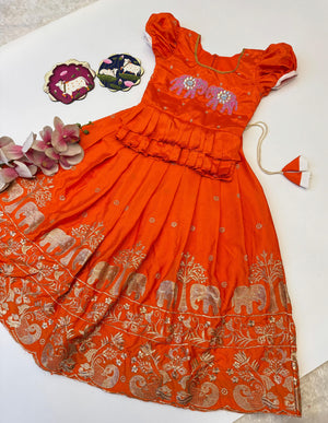 Orange elephant embroidered kids lehenga with zari work
