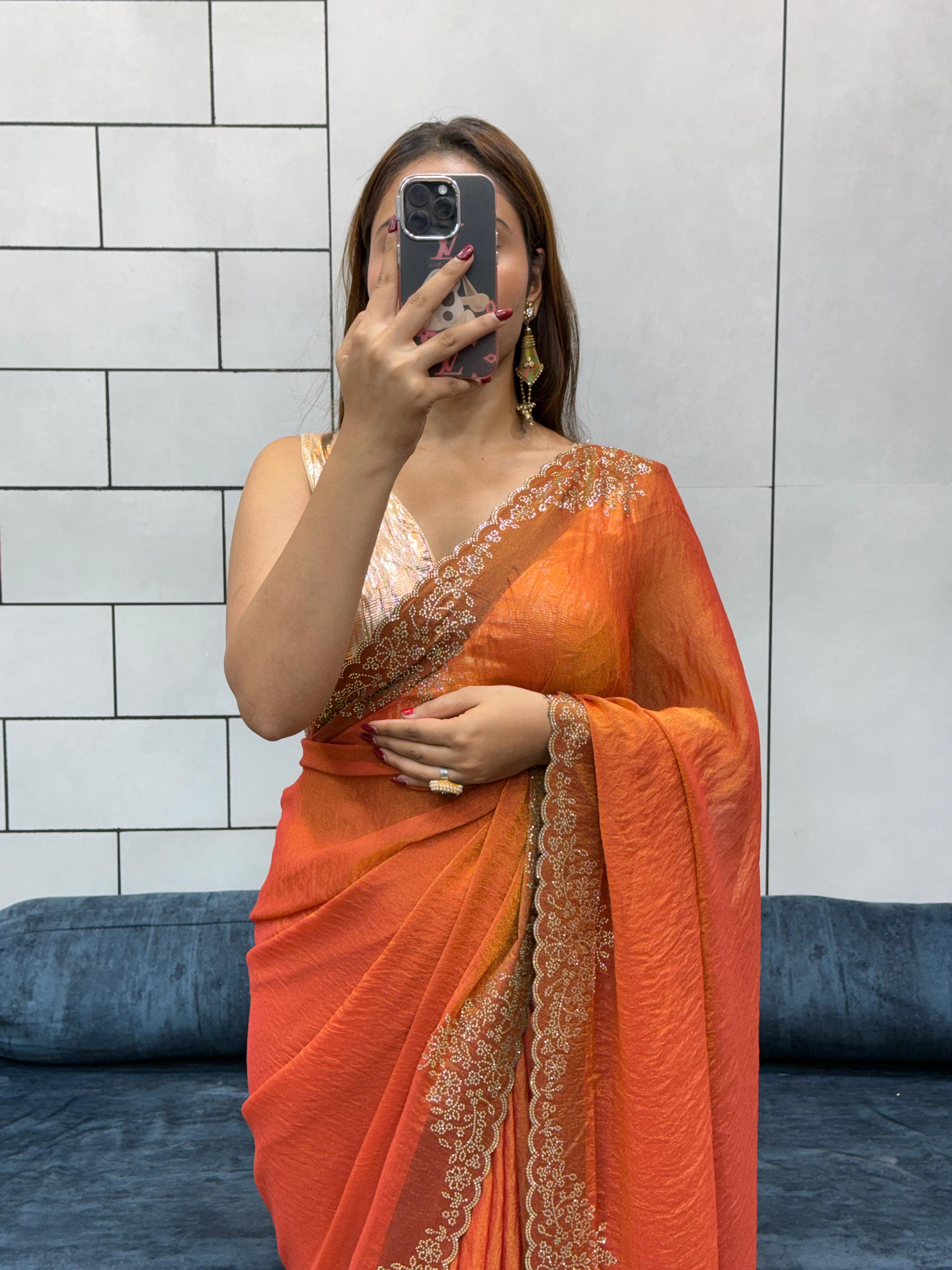Orange Fendy silk saree with diamond flower cutwork
