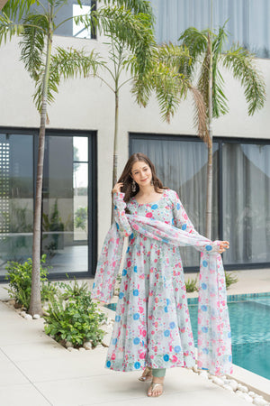 Fully stitched ready to wear floral organza Anarkali set