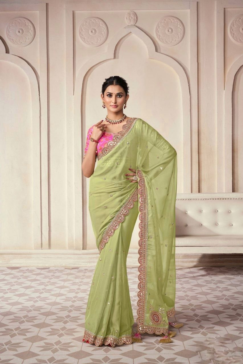 Elegant light green organza saree with embroidery
