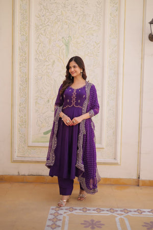 Purple embroidered kurti set with pant and dupatta for party wear