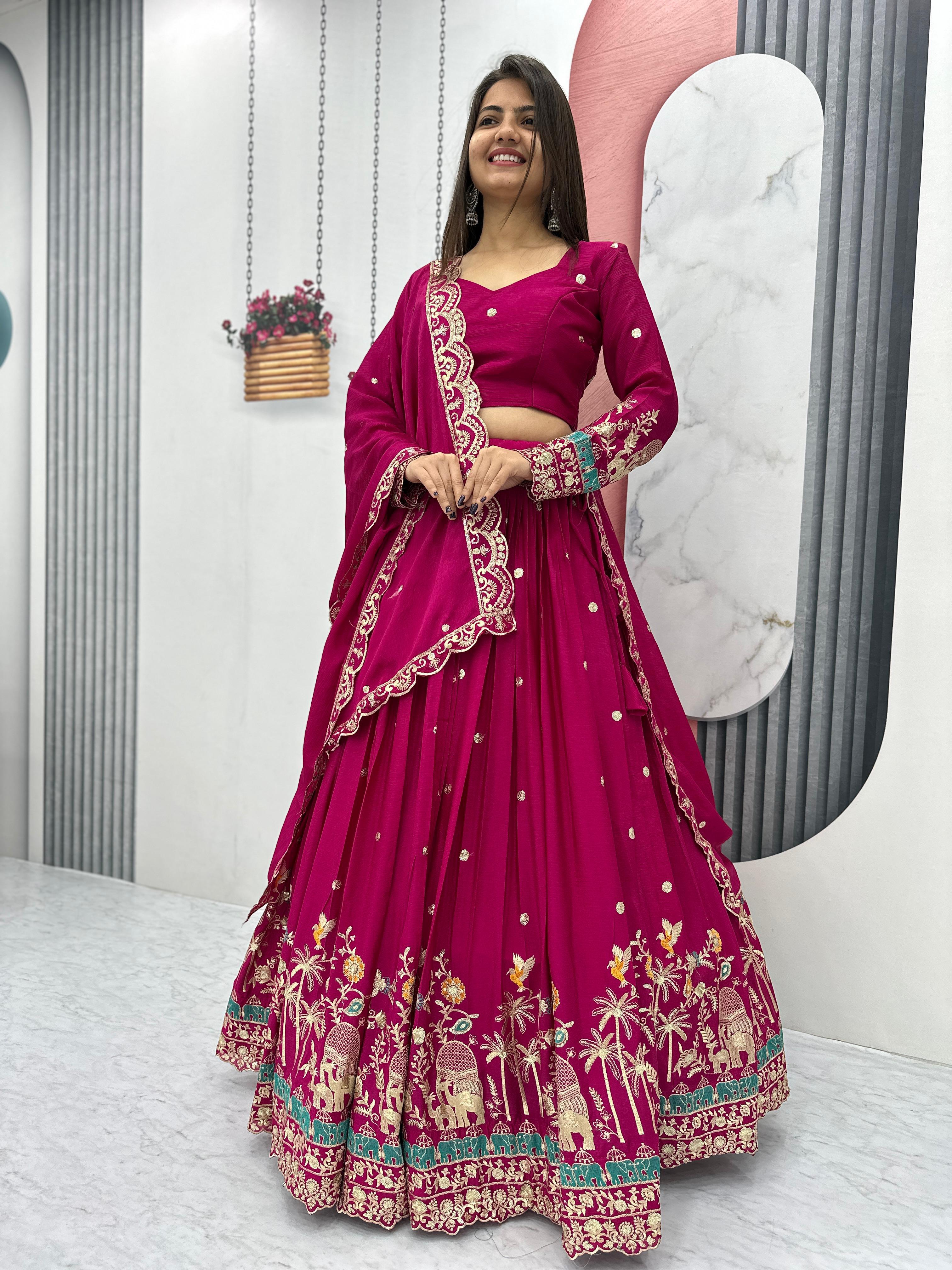 Pink Chinon Lehenga Full View