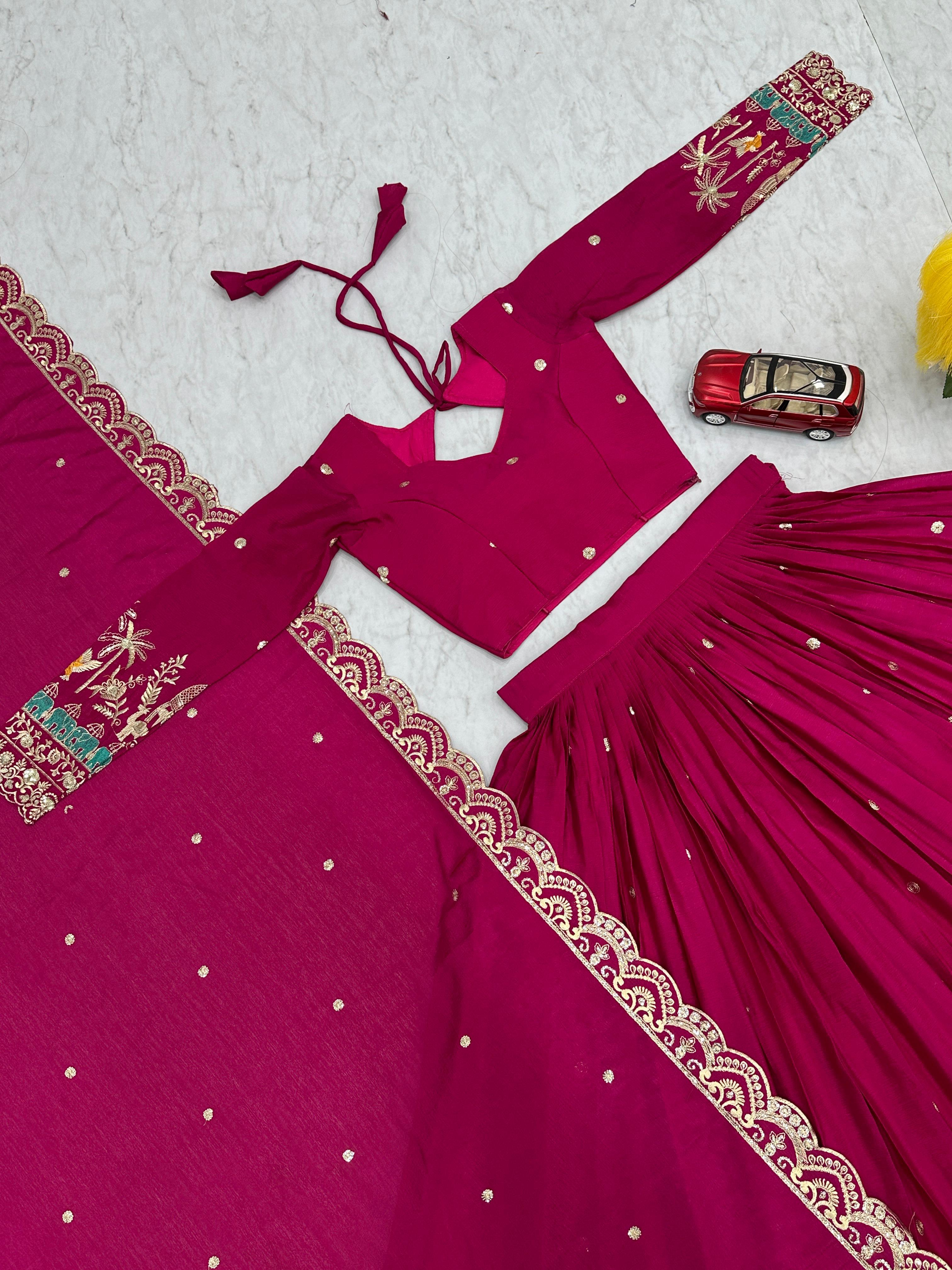 Waistband and Stitch Detailing on Pink Lehenga