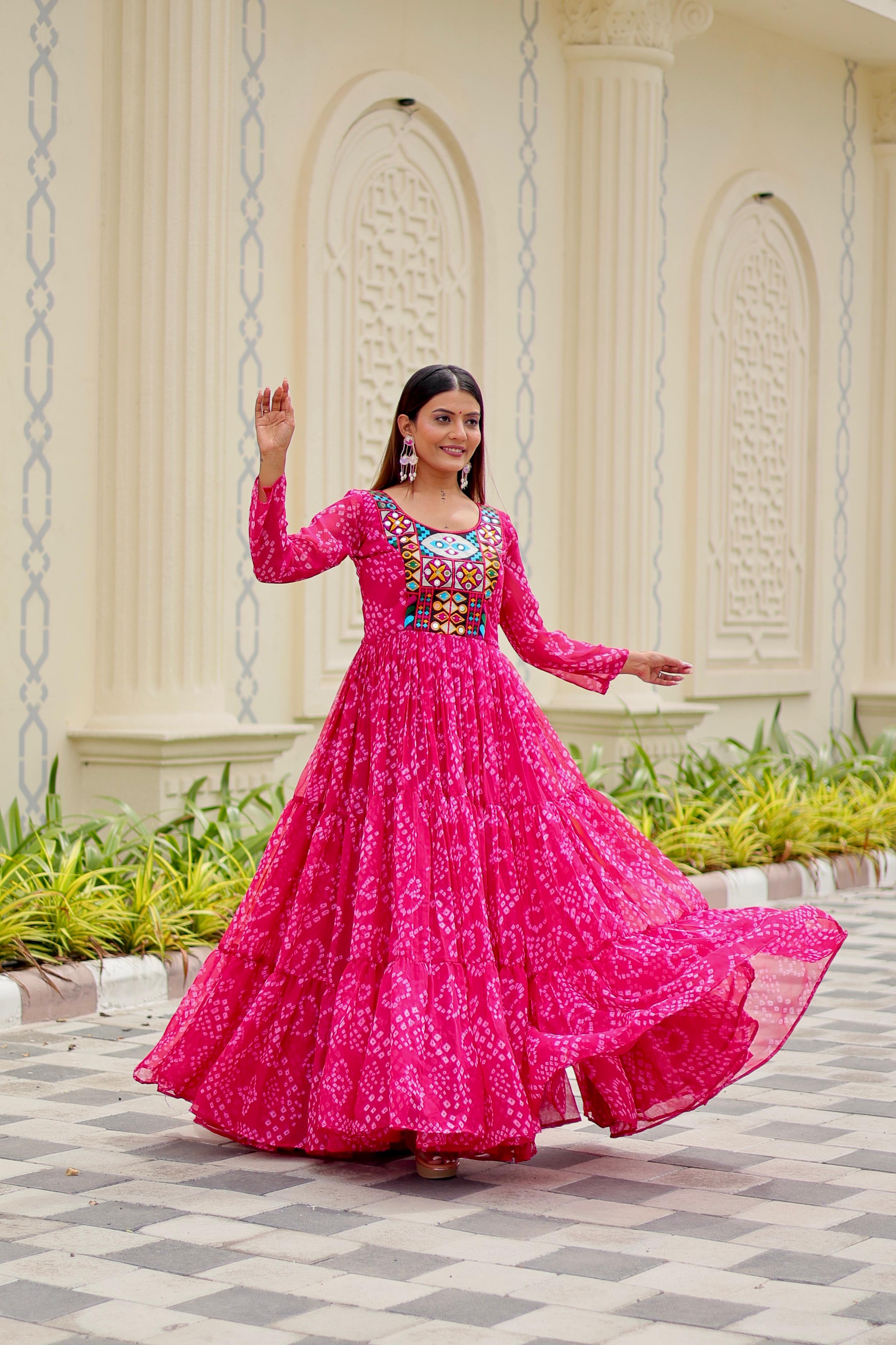 Pink Bandhani print gown with mirror work – front view