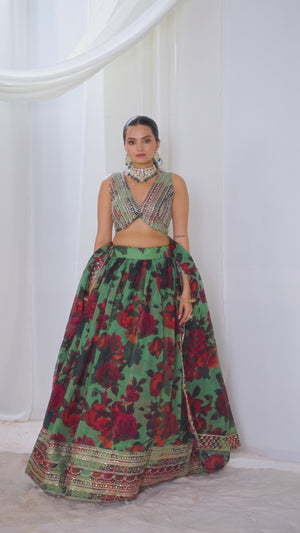 Close-up of neckline and sleeve pattern of the blouse