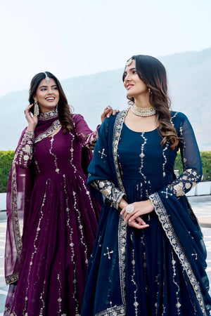 Shop Designer Fox Georgette Embroidered Long Gown with Dupatta