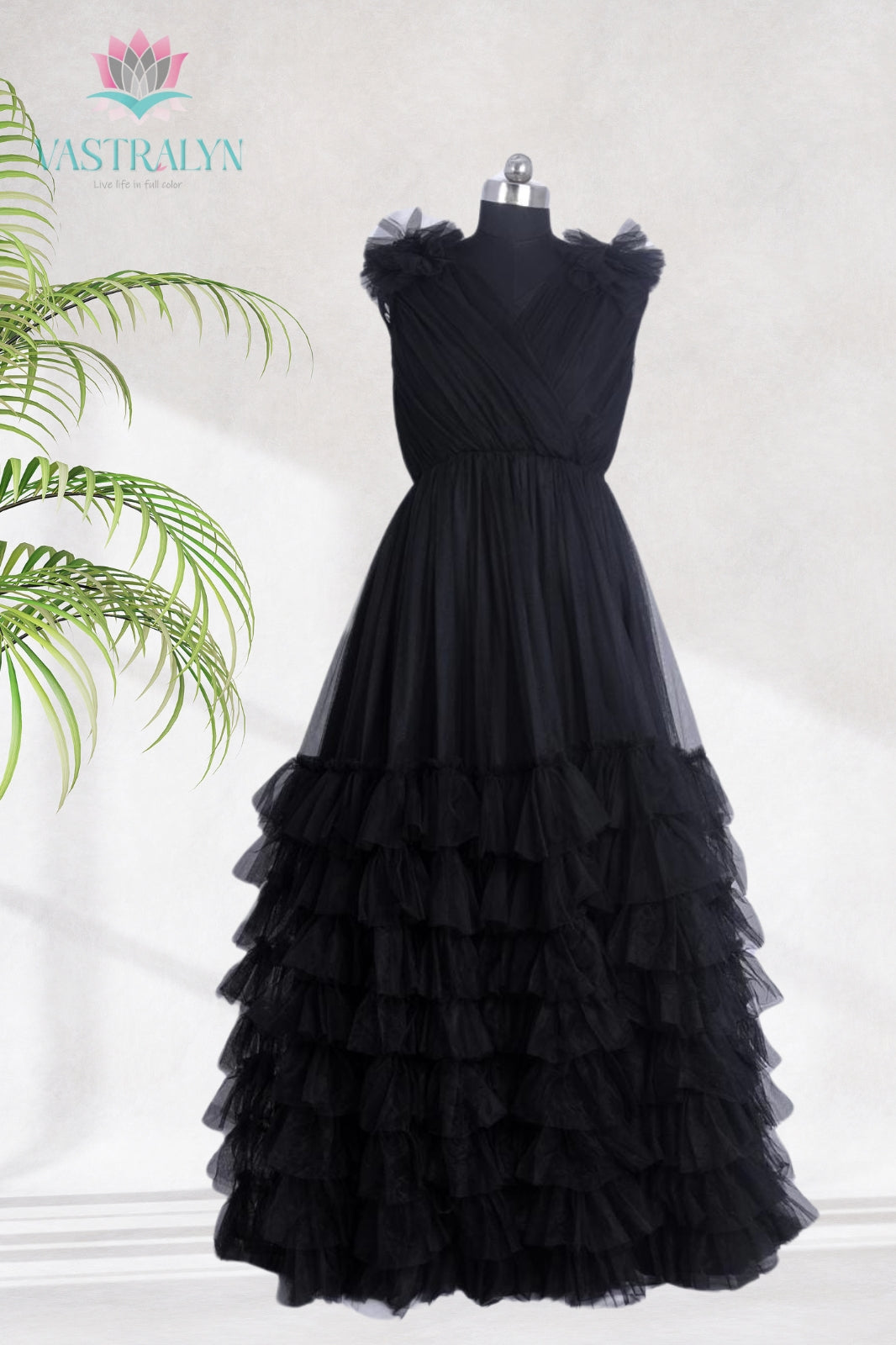 Black Ruffle Net Pre-Wedding Gown for Bride | Princess-Style Flowing Dress