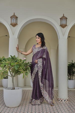 Purple saree with heavy thread and sequin border