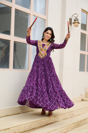 Purple traditional bandhani gown with embroidered patch