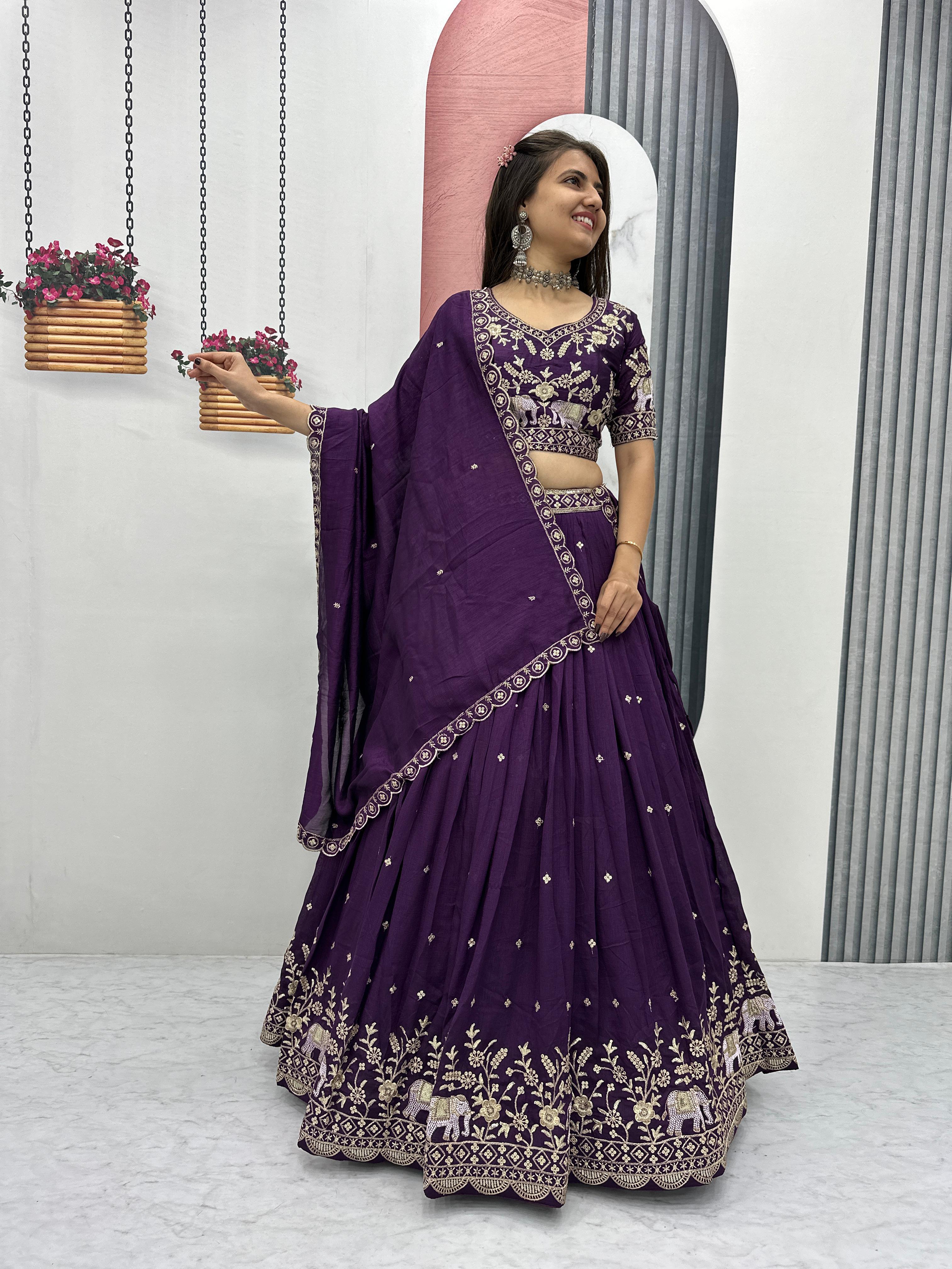 Royal purple vichitra silk lehenga choli full length front view