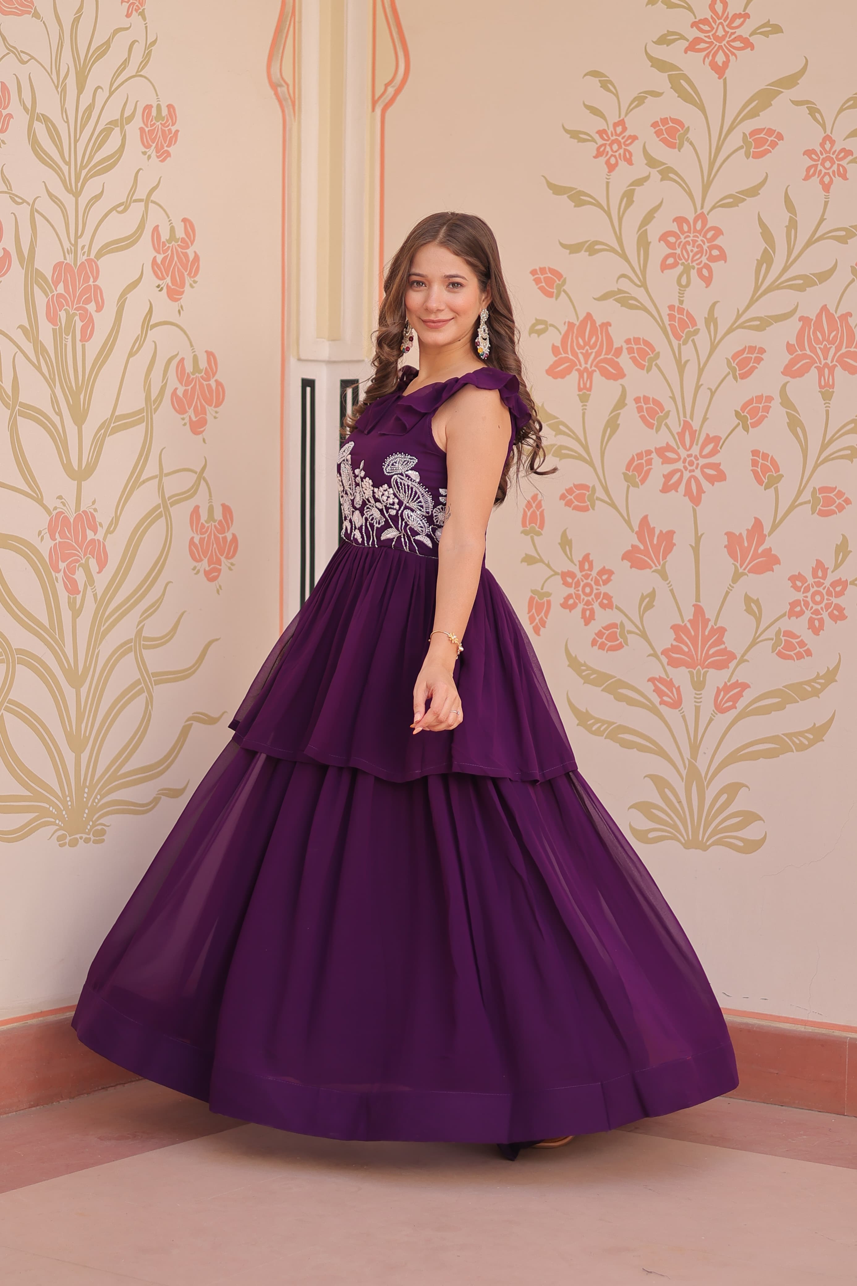 Purple designer gown with 3.5 mtr flair