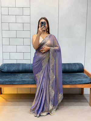 Purple Fendy silk saree with floral panel embroidery