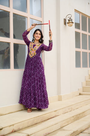 Purple gown with bandhani pattern and colorful neckline