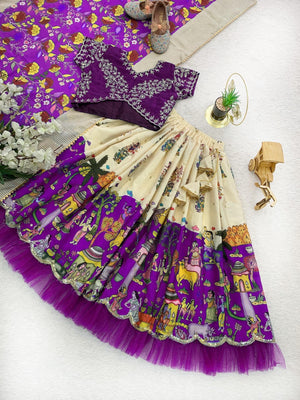 Purple Kalamkari Lehenga Choli Set with Floral Motifs and Tulle Layer