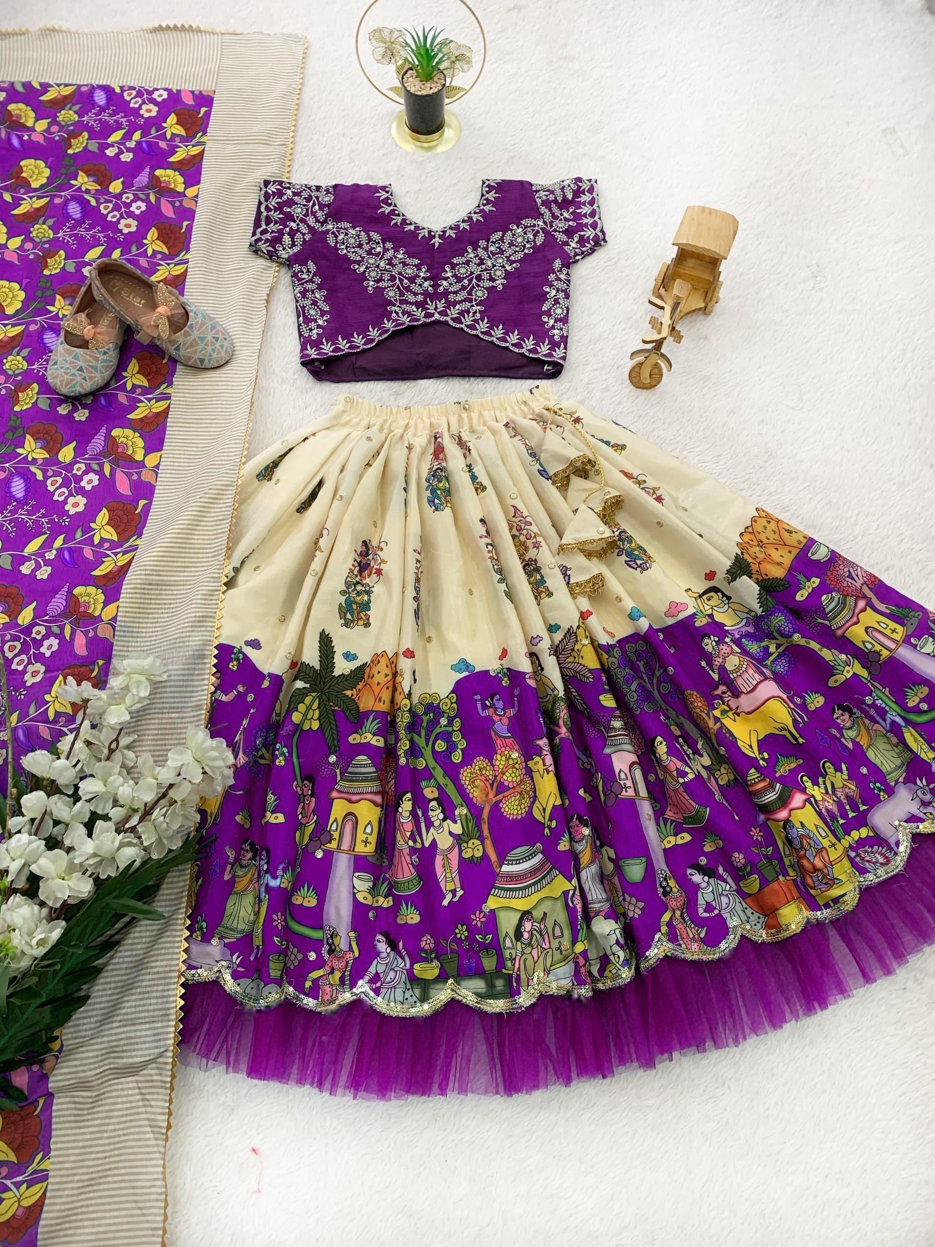 Designer Violet Lehenga Set for Girls with Traditional Village Print