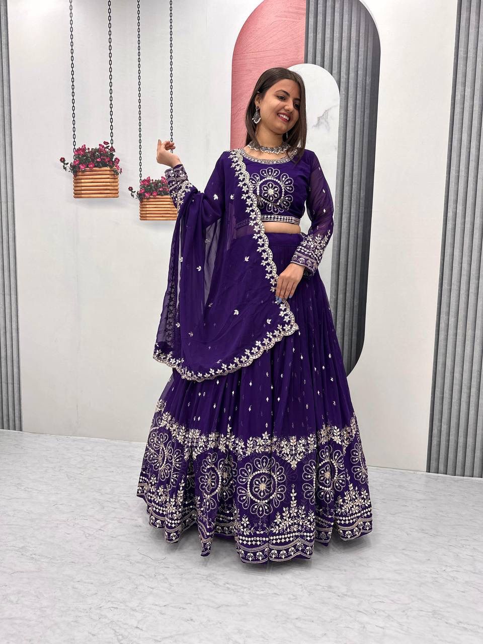 Purple Heavy Embroidered Georgette Lehenga Choli with Dupatta – Fully Stitched, Ready to Wear