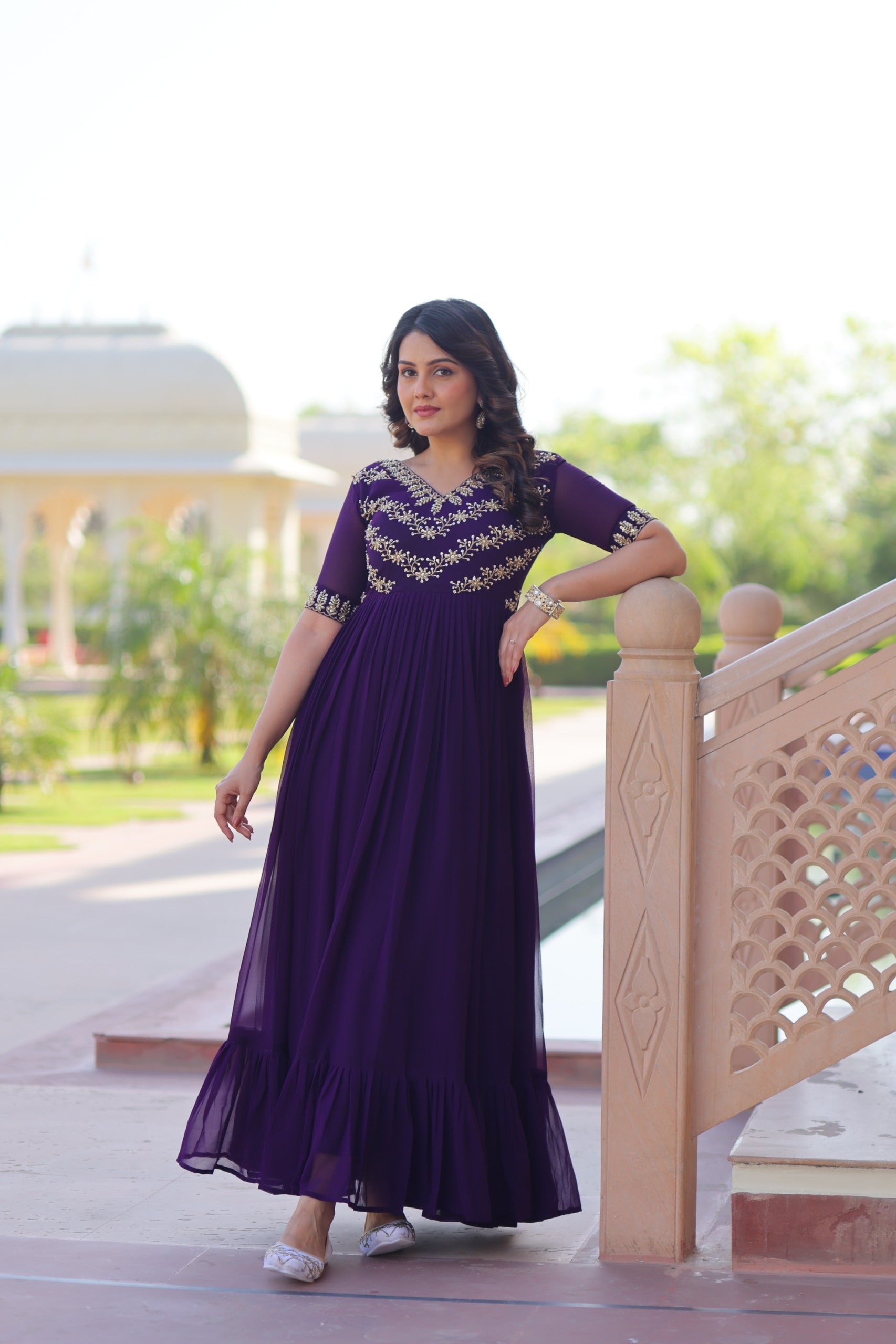 Royal purple embroidered gown with sequins and frill – Vastralyn