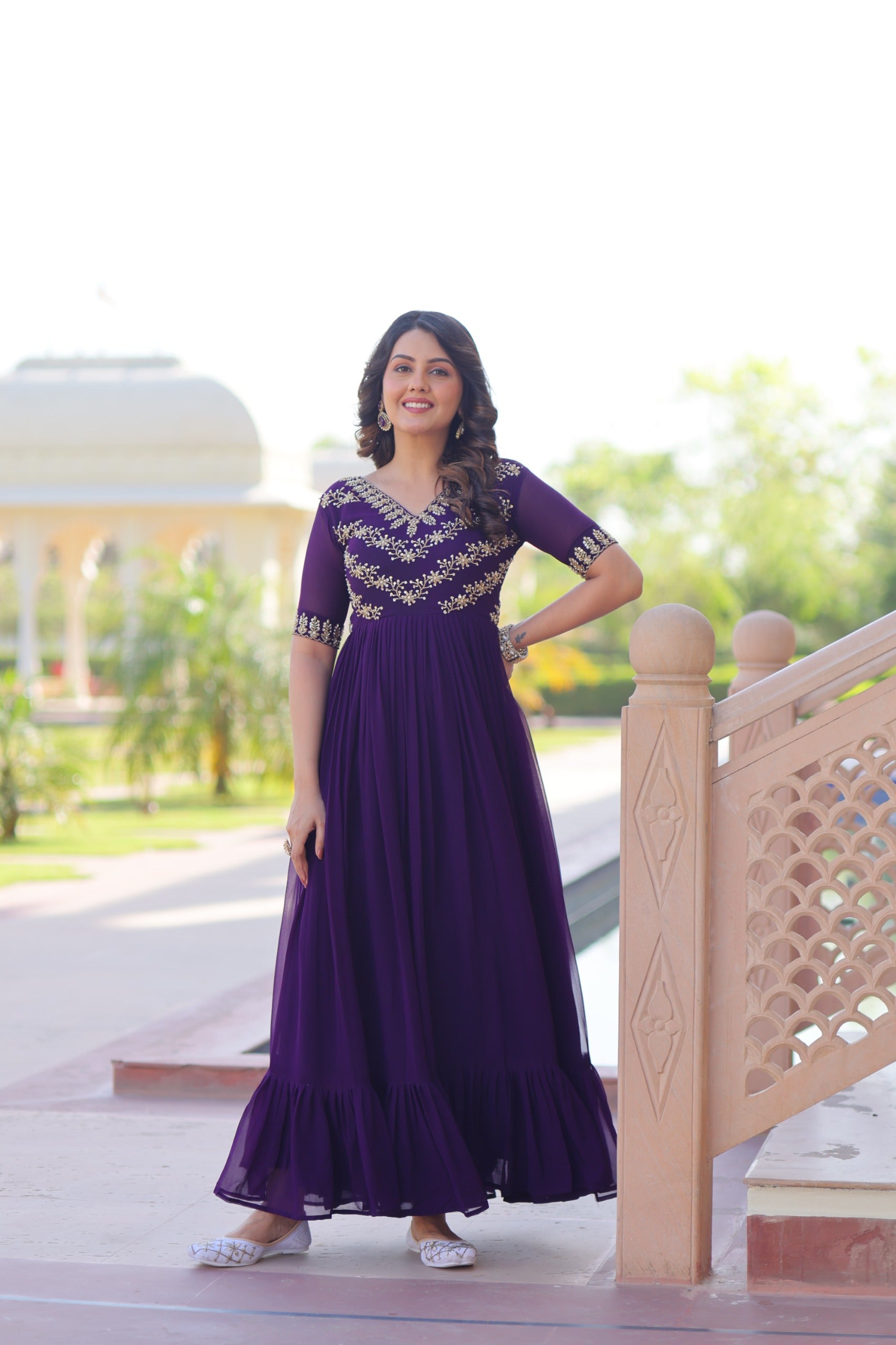 Royal purple faux blooming gown with detailed front design