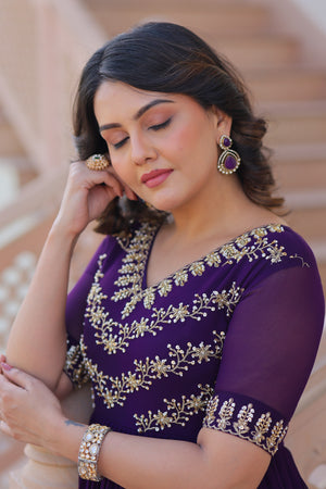 Half sleeve purple gown with intricate embroidery and soft lining