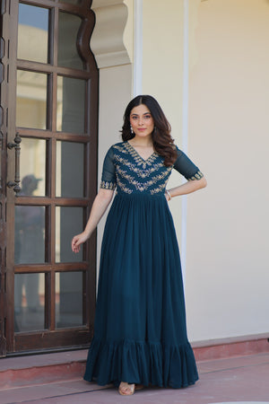 Rama green embroidered gown with frill flair and cotton inner – Vastralyn