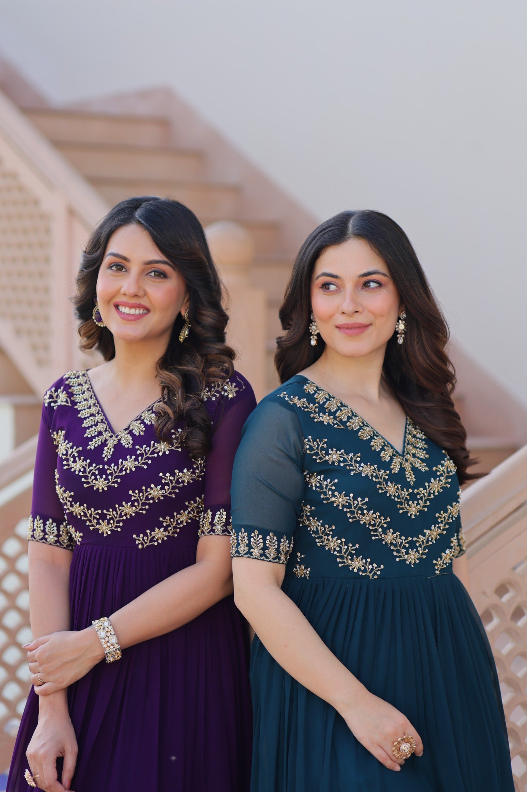 Close-up of elegant embroidery work on Rama color gown for women